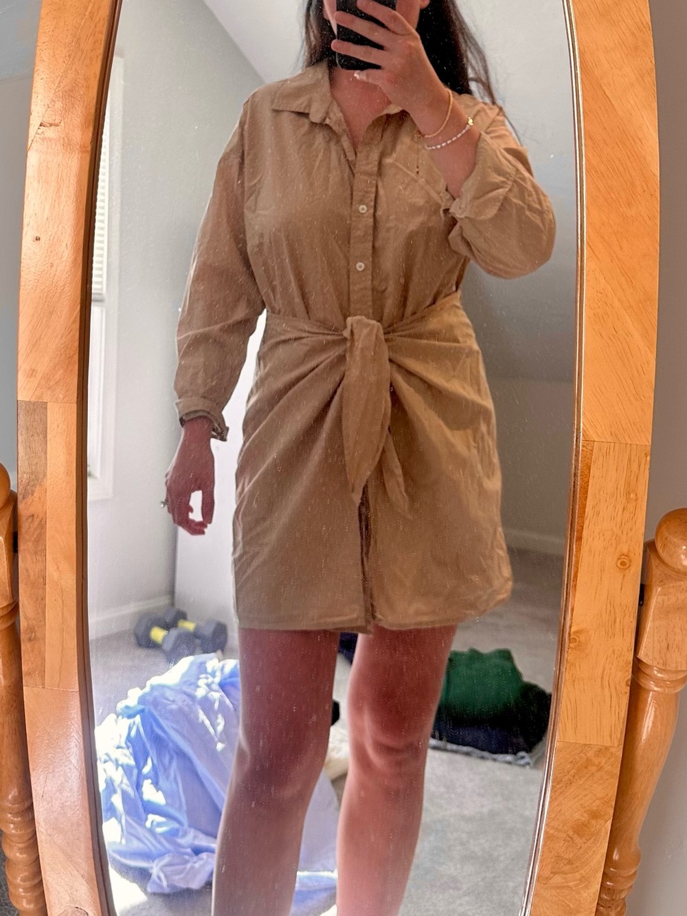 Khaki Button-Front Tie-Waist Mini Shirt Dress